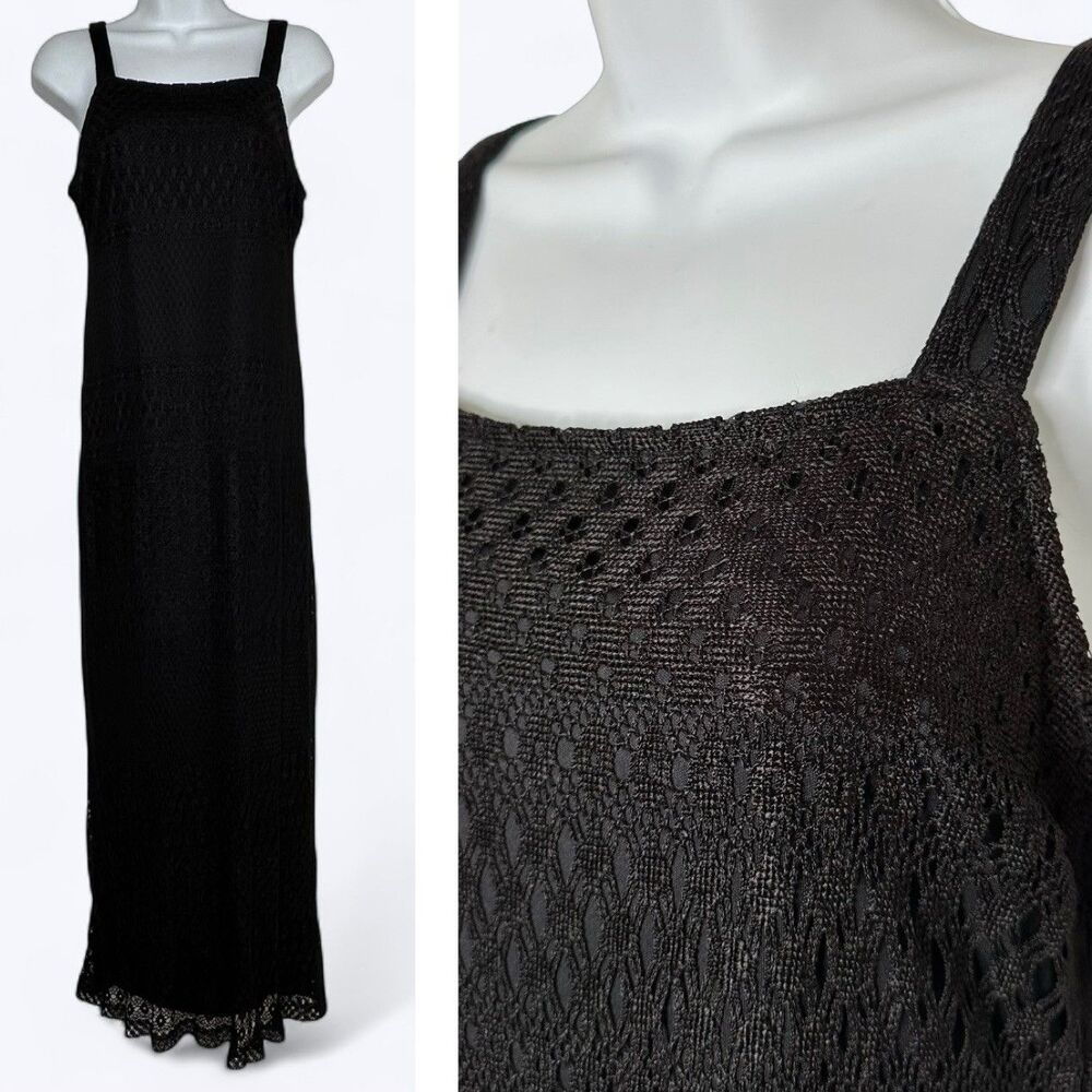 Vtg BIA Black‎ Crochet Lace Maxi Dress Sz M USA Whimsigoth Goth Witchy 90s Boho